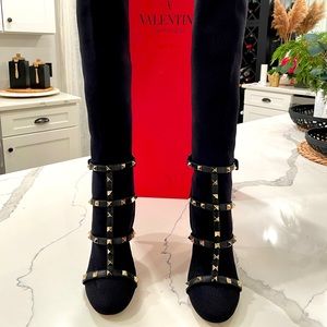 Valentino Garavani Rockstud Leather-trimmed Strech-knit Over-the-knee Boots 37.